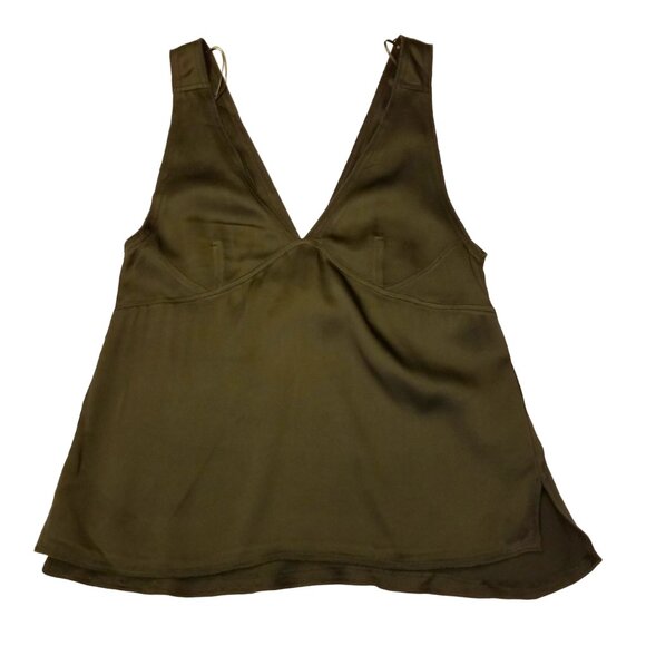 NWT Zara Satin Tank Top XS Olive Green Womens Top Vneck Relaxed Fit Mid Length - Picture 1 of 8